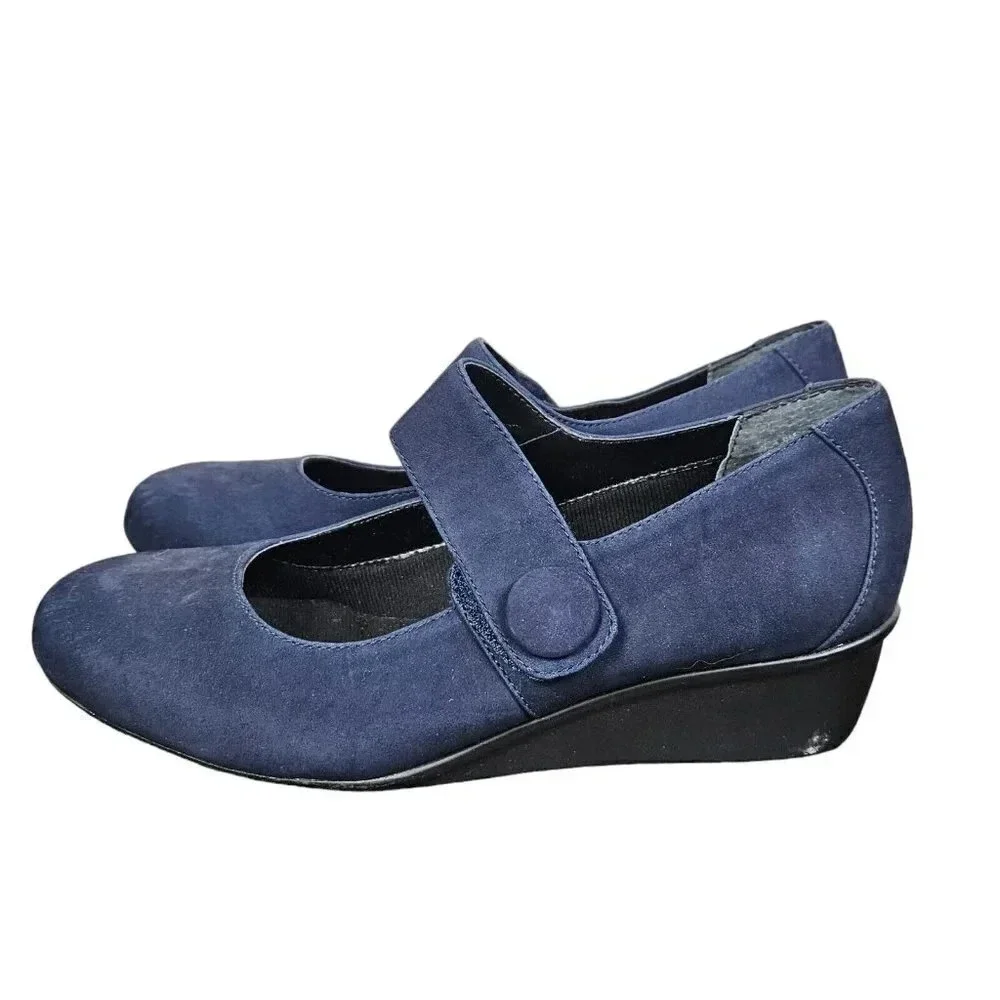 Ros Hommerson Elsa Size 6 Blue  Nubuck  Leather Mary‎ Jane Comfort Wedge
